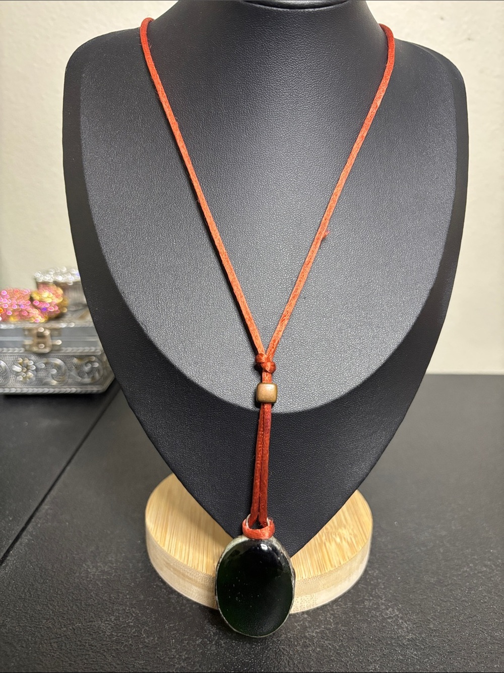 Brutalist Dark Green Oval Glass Stone Necklace on Rust Cord